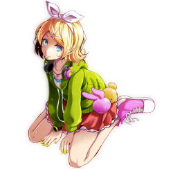 Rule 34 | 1girl, blonde hair, blouse, blue eyes, female focus, full body, hair ornament, hairband, headphones, heart, heart necklace, highres, jewelry, kagamine rin, miniskirt, necklace, project diva (series), shirt, shoes, short hair, simple background, sitting, skirt, smile, sneakers, solo, swept bangs, tsukishiro saika, vocaloid, wariza, white background, white shirt, x hair ornament