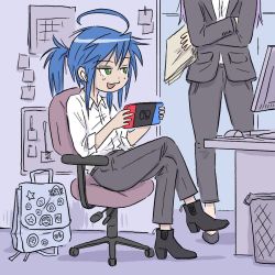 Rule 34 | 2girls, aged up, ahoge, airpods, ankle boots, backpack, bag, black suit, blouse, blue hair, boots, chair, collared shirt, commentary, crossed arms, crossed legs, english commentary, folder, formal, green eyes, high heel boots, high heels, hiiragi kagami, holding, holding folder, izumi konata, keroro gunsou, lucky star, mole, mole under eye, monitor, mouse (animal), multiple girls, nintendo switch, office, office chair, office lady, pants, ponytail, shirt, shirt tucked in, suit, swivel chair, trash can, truffleduster, tsurime, white shirt, wireless earphones
