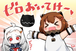Rule 34 | &gt; &lt;, 2girls, :d, > <, abyssal ship, ahoge, alternate costume, brown hair, closed eyes, cosplay, costume switch, dress, fang, hair ornament, hairclip, horns, ikazuchi (kancolle), ikazuchi (kancolle) (cosplay), kantai collection, lee (colt), long hair, mittens, multiple girls, northern ocean hime (cosplay), northern ocean princess, open mouth, outstretched arms, pale skin, red eyes, school uniform, serafuku, short hair, smile, spread arms, translation request, white dress, white hair, xd