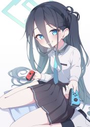 Rule 34 | 1girl, aris (blue archive), black hair, black hairband, black skirt, blue archive, blue eyes, blue necktie, commentary request, controller, game controller, hair between eyes, hairband, halo, highres, holding, holding controller, holding game controller, joy-con, long hair, long hair between eyes, long sleeves, looking at viewer, mouth visible through hair, necktie, quarterlift, shirt, side ponytail, simple background, sitting, skirt, smile, solo, thighs, uniform, very long hair, white background, white shirt