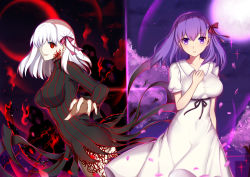 Rule 34 | 2girls, absurdres, albino, ass, bow, breasts, dark persona, dark sakura, dress, dual persona, fate/stay night, fate (series), fingernails, hair bow, highres, isy, large breasts, long fingernails, looking at viewer, matou sakura, multiple girls, open mouth, purple eyes, purple hair, red eyes, sharp fingernails, short hair, smile, white hair