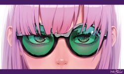 Rule 34 | 1girl, artist name, close-up, commentary, english commentary, eye focus, eyebrows hidden by hair, green-tinted eyewear, green-tinted glasses, hair behind ear, highres, hololive, hololive english, kikino, looking at viewer, mori calliope, pink hair, red eyes, solo, sunglasses, tinted eyewear, virtual youtuber, white background