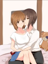 Rule 34 | 10s, 2girls, bed, blush, boko (girls und panzer), brown eyes, collarbone, couple, dated, dconan owo, dress shirt, female focus, food, girls und panzer, highres, hug, incest, jewelry, long sleeves, multiple girls, nishizumi maho, nishizumi miho, open mouth, pocky, ring, shirt, short hair, siblings, sisters, sitting, sitting on lap, sitting on person, skirt, smile, wedding band, wedding ring, white shirt, wife and wife, yuri