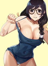 1girl absurdres bare_shoulders black_eyes black_hair blue_one-piece_swimsuit braid braided_ponytail breasts cleavage commentary competition_school_swimsuit english_commentary firstdayiyui glasses hair_ornament hair_over_shoulder hanekawa_tsubasa highres large_breasts light_blush monogatari_(series) one-piece_swimsuit school_swimsuit simple_background smile solo swimsuit yellow_background