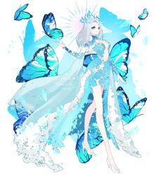 Rule 34 | 1girl, artist name, bare legs, blue butterfly, blue dress, blue eyes, blue fire, blue nails, blue theme, breasts, bug, butterfly, center opening, crossed legs, dress, english text, fire, halo, highres, indie virtual youtuber, insect, large breasts, long hair, long legs, looking at viewer, monarch (amalee), signature, virtual youtuber, watson cross, white footwear, white hair, yuichi (zen)