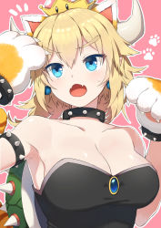 Rule 34 | 1girl, :o, animal ears, animal hands, arm up, armlet, armpits, bare shoulders, blonde hair, blue eyes, blush, bowsette, breasts, cat ears, cat tail, claws, cleavage, collar, collarbone, colored eyelashes, commentary request, earrings, fangs, gem, gloves, hair between eyes, hand up, highres, horns, jewelry, long hair, mario (series), medium breasts, new super mario bros. u deluxe, nintendo, open mouth, otousan952, paw gloves, paw print, paw print background, pink background, ponytail, spiked armlet, spiked collar, spiked shell, spikes, strapless, super crown, super mario 3d world, tail, thick eyebrows, turtle shell, upper body
