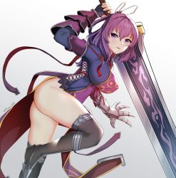 Rule 34 | 1girl, absurdres, ass, bare hips, boots, breasts, chinese clothes, eiyuu densetsu, falcom, gauntlets, highres, large breasts, medium hair, nassss, open mouth, pelvic curtain, purple eyes, purple hair, rixia mao, signature, slit, sword, thigh boots, thighhighs, weapon