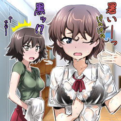 Rule 34 | 10s, 2girls, akaboshi koume, bag, black bra, blue eyes, blush, bra, bra visible through clothes, breasts, brown hair, duffel bag, extra, girls und panzer, green eyes, lace, lace-trimmed bra, lace trim, locker, locker room, mauko (girls und panzer), medium breasts, multiple girls, nakahira guy, one eye closed, open mouth, see-through, shirt, short hair, skirt, sweat, t-shirt, translation request, underwear, undressing, wavy mouth, wet, wet clothes, wet shirt