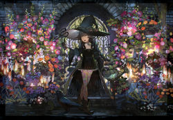 Rule 34 | 1girl, arch, artist name, bird, black dress, black hat, boots, braid, brown footwear, brown gloves, brown hair, commentary request, crow, dress, fang, floating, floating object, flower, full body, garden, gardening, gate, gloves, hat, hat ornament, index finger raised, long hair, long sleeves, multicolored clothes, multicolored legwear, open mouth, original, pantyhose, print pantyhose, sasumata jirou, scissors, shears, solo, stone wall, twin braids, wall, water, watering can, wide sleeves, witch, witch hat, yellow eyes
