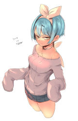 Rule 34 | 1girl, artist name, bare shoulders, blue hair, choker, criss-cross halter, dated, hairband, halterneck, looking at viewer, miniskirt, off-shoulder, off-shoulder sweater, off shoulder, orange eyes, original, scar, short hair, sigama, simple background, skirt, sleeves past fingers, sleeves past wrists, solo, sweater, white background