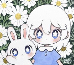 Rule 34 | 1girl, blue dress, blue eyes, blush, bright pupils, daisy, dress, flower, highres, looking at viewer, original, plant, solo, white flower, white pupils, zukky000
