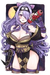 Rule 34 | 1girl, bare shoulders, black kimono, breasts, camilla (fire emblem), camilla (ninja) (fire emblem), cleavage, commentary, fingerless gloves, fire emblem, fire emblem fates, fire emblem heroes, fishnet thighhighs, fishnets, gauntlets, gloves, hair over one eye, highres, holding, holding scroll, holding weapon, japanese clothes, kimono, kunai, large breasts, long hair, looking at viewer, misato hao, moon, ninja, nintendo, obi, off shoulder, official alternate costume, one eye covered, pelvic curtain, purple eyes, purple gloves, purple hair, sash, scroll, side slit, signature, smile, solo, thighhighs, very long hair, wavy hair, weapon