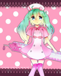 Rule 34 | 1girl, bad id, bad pixiv id, blue eyes, green hair, hat, hatsune miku, koiiro byoutou (vocaloid), large syringe, long hair, nurse, nurse cap, over-kneehighs, oversized object, solo, suzuran (oto1008), syringe, thighhighs, twintails, vocaloid