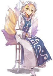 Rule 34 | 1girl, bad id, bad pixiv id, blonde hair, blush, chair, dress, female focus, fox tail, full body, hat, hat with ears, long sleeves, looking at viewer, multiple tails, short hair, simple background, sitting, sketch, solo, stool, tabard, tail, touhou, umeboshitora, white background, white dress, yakumo ran, yellow eyes
