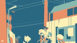 Rule 34 | 1boy, 3girls, animal ears, bug, commentary request, closed eyes, facing another, fox ears, fox girl, fox tail, hat, insect, lamppost, looking at another, moth, multiple girls, night, original, outdoors, power lines, red hair, revision, shinonoko, short hair, tail, white hair, white headwear