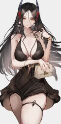 Rule 34 | + +, 1girl, absurdres, alternate costume, arknights, arm under breasts, bag, bare shoulders, black dress, black hair, breasts, commentary request, cowboy shot, cross-shaped pupils, demon girl, demon horns, dress, fingernails, grey nails, handbag, highres, horns, hrk (dxez4457), ines (arknights), large breasts, long hair, looking at viewer, nail polish, simple background, solo, symbol-shaped pupils, thigh strap, white background, white bag, yellow eyes