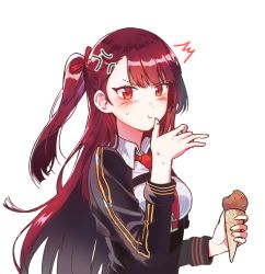 Rule 34 | 1girl, :t, anger vein, angry, blazer, blush, braid, breasts, cheese (yongggam), collared shirt, embarrassed, food, french braid, girls&#039; frontline, gloves, hair ribbon, half updo, hand up, holding, holding food, ice cream, ice cream cone, jacket, large breasts, licking, licking finger, long hair, looking at viewer, necktie, one side up, purple hair, red eyes, red necktie, ribbon, shirt, sidelocks, simple background, solo, strap, striped clothes, striped shirt, surprised, sweat, tsundere, upper body, very long hair, wa2000 (girls&#039; frontline), white background, white shirt