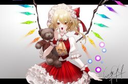 Rule 34 | 1girl, ascot, blonde hair, cowboy shot, crystal wings, fang, flandre scarlet, frills, hair ribbon, hat, koniro999, mob cap, open mouth, pointy ears, puffy short sleeves, puffy sleeves, red eyes, red ribbon, ribbon, short sleeves, signature, simple background, solo, stuffed animal, stuffed toy, tachi-e, teddy bear, touhou, white background, yellow ascot