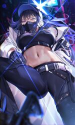 Rule 34 | 1girl, absurdres, baseball cap, belt, black belt, black hair, black hat, black mask, black pants, black shirt, blue archive, blue eyes, breasts, buckle, chest harness, coat, commentary, crop top, from below, halo, harness, hat, highres, joacy, large breasts, leg up, long hair, mask, midriff, mouth mask, navel, pants, pointing, saori (blue archive), shirt, sleeveless, sleeveless shirt, snap-fit buckle, solo, white coat