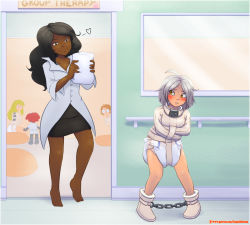 Rule 34 | 1boy, 1girl, absurdres, bdsm, black hair, blush, bondage, boots, bound, carotte666, chain, diaper, grey hair, heart, highres, looking at another, no pants, smile, standing, straitjacket, white diaper