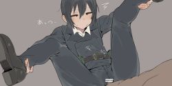 Rule 34 | 1girl, ^^^, bar censor, belt, black hair, blouse, blush, boots, censored, clothed female nude male, clothed sex, dress shirt, ettone, flat chest, formal, hair between eyes, highres, holding ankles, impossible clothes, jacket, kino (kino no tabi), kino no tabi, nude, pants, penetration through clothes, penis, pouch, reverse trap, sex, shirt, short hair, simple background, solo focus, spread legs, suit, through clothes, tomboy, undershirt, white shirt