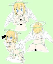 Rule 34 | 1girl, absurdres, angel, angel wings, blonde hair, blue eyes, breasts, disembodied penis, frfr, frottage, green background, grinding, halo, highres, leaning forward, medium breasts, open mouth, original, paizuri, penis, pointy ears, short hair, simple background, sitting, thighhighs, toeless legwear, wariza, wings