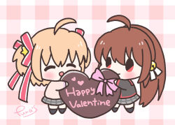 Rule 34 | 2girls, ^ ^, ahoge, black jacket, blonde hair, blush, bow, brown hair, candy, chibi, chibi only, chocolate, chocolate heart, closed eyes, commentary request, food, grey skirt, hair ornament, hair ribbon, happy, happy valentine, heart, jacket, kamikita komari, little busters!, little busters! school uniform, long hair, miniskirt, multiple girls, natsume rin, pink bow, plaid, plaid background, plaid skirt, ponytail, prasma-prasma, red eyes, red ribbon, ribbon, school uniform, short hair, signature, simple background, skirt, standing, star (symbol), star hair ornament, sweater, two side up, yellow sweater