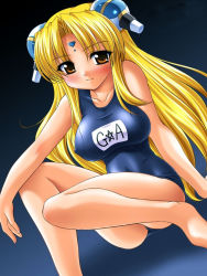 Rule 34 | 00s, 1girl, blonde hair, blush, breasts, brown eyes, covered erect nipples, female focus, galaxy angel, gradient background, hair ornament, large breasts, long hair, non-web source, one-piece swimsuit, ranpha franboise, school swimsuit, sitting, smile, solo, swimsuit
