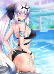 Rule 34 | 1girl, absurdres, ass, avil, bikini, black bikini, blue eyes, blush, bow, braid, breasts, covered erect nipples, cum, cum on ass, cum on body, fate/grand order, fate (series), hair bow, hair ornament, hand on own thigh, highres, large breasts, long hair, looking at viewer, morgan le fay (fate), ponytail, pool, poolside, pout, sideboob, silver hair, sitting, solo, swimsuit