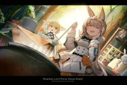 Rule 34 | 2girls, ^ ^, animal ears, arknights, blonde hair, blue hairband, closed eyes, commentary, cooking, english commentary, english text, fox girl, fox tail, grey hair, hairband, highres, holding, holding ladle, kitsune, kyuubi, ladle, letterboxed, long hair, long sleeves, multiple girls, multiple tails, open mouth, rabbit ears, rabbit girl, short hair, suzuran (arknights), tail, teeth, upper teeth only, warmy (arknights), yukikochenk