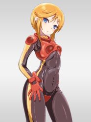 Rule 34 | 1girl, black bodysuit, blue eyes, blush, bodysuit, breasts, commentary request, covered navel, cowboy shot, danpu, gundam, gundam zz, hair between eyes, hand on own thigh, highres, looking at viewer, multiple girls, orange hair, parted lips, pilot suit, puru two, shiny clothes, shiny skin, short hair, simple background, skin tight, skindentation, small breasts, solo, standing
