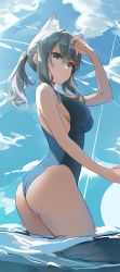 Rule 34 | 1girl, absurdres, animal ear fluff, animal ears, arched back, arm up, ass, bad id, bad twitter id, bare arms, bare shoulders, black one-piece swimsuit, blue archive, blue eyes, breasts, competition swimsuit, dasha, expressionless, extra ears, grey hair, halo, highres, long hair, looking at viewer, medium breasts, one-piece swimsuit, parted lips, ponytail, shading eyes, shiroko (blue archive), shiroko (swimsuit) (blue archive), sidelocks, solo, standing, swimsuit, wading, water