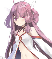 Rule 34 | 1girl, ahoge, bad id, bad pixiv id, bare shoulders, black choker, blush, breasts, center opening, choker, commentary request, detached sleeves, hair ornament, halterneck, highres, long hair, long sleeves, looking at viewer, navel, parted lips, purple eyes, purple hair, retorillo, revealing clothes, ribbon choker, shirt, simple background, small breasts, solo, stomach, two side up, upper body, virtual youtuber, white background, white shirt, yumeno shiori, yumeno shiori channel