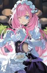Rule 34 | 1girl, absurdres, apron, black choker, black dress, blue eyes, blurry, blurry background, choker, collarbone, commentary request, depth of field, dress, elbow gloves, elysia (honkai impact), elysia (miss pink elf) (honkai impact), frilled apron, frills, gloves, heart, heart hands, highres, honkai (series), honkai impact 3rd, horns, long hair, looking at viewer, one eye closed, pink hair, pointy ears, puffy short sleeves, puffy sleeves, short sleeves, smile, solo, very long hair, white apron, white gloves, xinliu asato