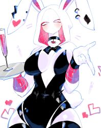 Rule 34 | animal ears, blush, bow, bowtie, breasts, choker, cup, drinking glass, ear piercing, fake animal ears, gwen stacy, heart, highres, holding, holding plate, hood, hoodie, large breasts, looking at viewer, marvel, piercing, plate, rabbit ears, rabbit girl, rabbit tail, skin tight, spider-gwen, spider-man: into the spider-verse, spider-man (series), spider-verse, usa37107692