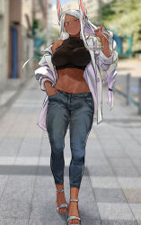 Rule 34 | 1girl, abs, alternate costume, animal ears, artist name, bare shoulders, black shirt, blurry, blurry background, boku no hero academia, braid, braided ponytail, breasts, casual, closed mouth, crop top, dark-skinned female, dark skin, day, denim, feet, female focus, full body, hand in own hair, hand in pocket, hand up, jacket, jeans, kadeart, large breasts, legs, long eyelashes, long hair, looking at viewer, midriff, mirko, navel, off shoulder, open clothes, open jacket, pants, parted bangs, rabbit ears, rabbit girl, red eyes, sandals, shirt, sleeveless, sleeveless shirt, smile, solo, standing, stomach, strappy heels, taut clothes, taut shirt, toeless footwear, toenails, toes, toned, turtleneck, walking, watermark, white footwear, white hair, white jacket