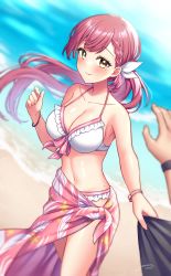 Rule 34 | 1girl, armpits, beach, bikini, blush, bracelet, braid, breasts, cleavage, clothes grab, day, frilled bikini, frills, hair ribbon, highres, jewelry, large breasts, long hair, looking at viewer, mio1030, mole, mole on stomach, mole under eye, multiple bracelets, navel, ocean, original, outdoors, parted lips, pink hair, ponytail, ribbon, sarong, smile, solo focus, swimsuit, very long hair, yellow eyes