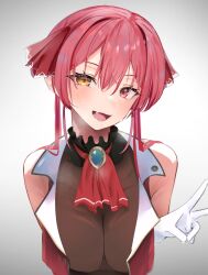 Rule 34 | 1girl, alternate hairstyle, breasts, cleavage, fang, gloves, gradient background, grey background, heterochromia, hololive, houshou marine, jewelry, large breasts, open mouth, red hair, short hair, smile, sweat, toey, v, virtual youtuber, white background
