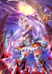 Rule 34 | 1girl, arm warmers, armor, bad id, bad pixiv id, choker, cloud, earrings, frilled skirt, frills, full body, full moon, greaves, hair ornament, heart, heart earrings, horns, jewelry, long hair, looking at viewer, moon, night, night sky, official art, original, outdoors, outstretched hand, red eyes, red legwear, scythe, shente (sharkpunk), skirt, sky, solo, standing, striped, white hair, white skirt