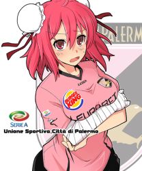 Rule 34 | 1girl, alternate costume, bandages, breast hold, breasts, bun cover, burger king, clothes writing, crossed arms, double bun, female focus, fujii jun, ibaraki kasen, italian text, italy, large breasts, pink eyes, pink hair, product placement, shirt, short hair, soccer, soccer uniform, solo, sportswear, touhou, us citta di palermo