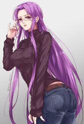 Rule 34 | 1girl, ass, breasts, denim, fate/stay night, fate (series), forehead, glasses, gradient background, highres, jeans, large breasts, long hair, looking at viewer, medusa (fate), medusa (rider) (fate), mkm 0610, nail polish, pants, purple eyes, purple hair, purple nails, simple background, solo, sweater, turtleneck, turtleneck sweater