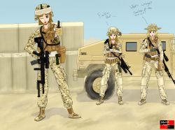 Rule 34 | 3girls, absurdres, assault rifle, automatic rifle, battle rifle, gun, h&amp;k hk416, highres, hollywoodmarine2171, humvee, m14, m14 (upotte!!), m16, m16a4, m16a4 (upotte!!), machine gun, matt (hollywoodmarine2171), military, motor vehicle, multiple girls, rifle, sniper rifle, squad automatic weapon, upotte!!, vehicle, weapon