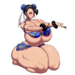 Rule 34 | 1girl, abs, absurdres, ass, ber00, bikini, bikini top only, bracelet, breasts, brown eyes, bun cover, capcom, chun-li, covered erect nipples, curvy, gigantic breasts, hair bun, highres, huge ass, jewelry, kneeling, legs together, mole, mole under mouth, muscular, muscular female, puffy nipples, seiza, short hair, simple background, single hair bun, sitting, solo, spiked bracelet, spikes, street fighter, swimsuit, thick thighs, thighs, wide hips