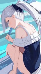 Rule 34 | 1girl, absurdres, artist name, bare shoulders, blue archive, blue eyes, blue halo, casual one-piece swimsuit, commentary request, dated, food, frilled one-piece swimsuit, frills, grey hair, halo, highres, holding, holding food, holding ice cream, ice cream, long hair, looking at viewer, looking back, miyako (blue archive), miyako (swimsuit) (blue archive), nape, off-shoulder one-piece swimsuit, off shoulder, official alternate costume, one-piece swimsuit, ponytail, sitting, solo, swimsuit, wiersa