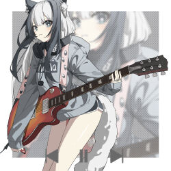 Rule 34 | 1girl, animal ear fluff, animal ears, bare legs, black headphones, blue eyes, blunt bangs, blush, border, cat ears, cat girl, cat tail, cowboy shot, dice, ear piercing, electric guitar, grey hair, grey hoodie, grin, guitar, gun sling, halftone, headphones, headphones around neck, highres, holding, holding instrument, holding plectrum, hood, hood down, hoodie, instrument, jewelry, long hair, long sleeves, looking at viewer, multicolored hair, multiple rings, necklace, original, pause button, piercing, plectrum, print hoodie, qtian, ring, short shorts, shorts, sidelocks, sleeve cuffs, sleeves past wrists, smile, solo, star-shaped pupils, star (symbol), symbol-shaped pupils, tail, teeth, thighs, two-tone hair, white border, white hair, zoom layer