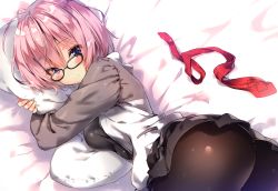 Rule 34 | 1girl, absurdres, ass, between legs, black dress, blush, dress, fate/grand order, fate (series), hair over one eye, highres, looking at viewer, mash kyrielight, necktie, hugging object, pantyhose, pillow, pillow hug, pink hair, purple eyes, red necktie, riichu, scan, short dress, short hair, smile, solo