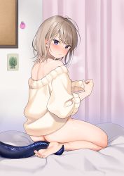 Rule 34 | 1girl, ass, back, barefoot, blush, brown hair, closed mouth, frown, heavy breathing, looking at viewer, looking back, medium hair, no panties, nose blush, off-shoulder sweater, off shoulder, original, purple eyes, sekiya asami, sitting, solo, sweat, sweater, tentacles, thighs, v-shaped eyebrows, white sweater