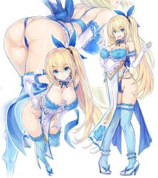 Rule 34 | 1girl, ass, back bow, blonde hair, blue bow, blue eyes, blue panties, blue thighhighs, bow, breasts, butt crack, cleavage, closed mouth, cosplay, detached collar, elbow gloves, frills, gloves, hair bow, hand on own hip, high heels, highres, kiyama satoshi, large breasts, lingerie, lingerie senshi papillon rose, long hair, looking at viewer, mirai akari, mirai akari project, multiple views, open mouth, panties, papillon lily, papillon lily (cosplay), shiny skin, shoes, side ponytail, simple background, smile, tabard, thighhighs, thighs, thong, underwear, virtual youtuber, white background, white footwear, white gloves
