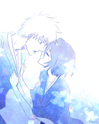 Rule 34 | 1boy, 1girl, artist request, bleach, bug, butterfly, clothes grab, collarbone, couple, eye contact, facing another, from side, hair between eyes, hands up, height difference, hetero, holding, imminent kiss, insect, japanese clothes, kimono, kuchiki rukia, kurosaki ichigo, looking at another, parted lips, partial monochrome, partially colored, shihakusho, short hair, spiked hair, standing, surprised, tongue, upper body, wide-eyed, wide sleeves