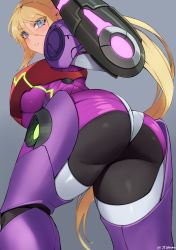 Rule 34 | 1girl, arm cannon, armor, ass, black bodysuit, blonde hair, blue eyes, blush, bodysuit, breasts, from behind, gravity suit (metroid), highres, jtveemo, large breasts, long hair, looking at viewer, looking back, metroid, metroid dread, mole, mole under mouth, nintendo, ponytail, power armor, samus aran, shiny clothes, solo, standing, weapon